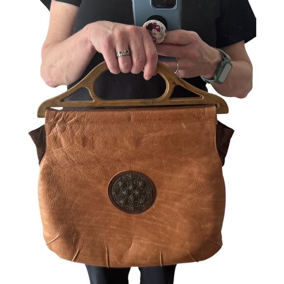Melie Bianco Lilith Brown Suede Hobo Bag - Vegan Brown  1990s Lilith NYC Acrylic Handle Leather Bag Cognac Brown Suede Purse main image 1